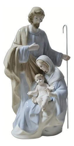 Imagem Sagrada Família Jesus Enfeite De Mesa Porcelana 30cm Bege / Branco / Azul Claro