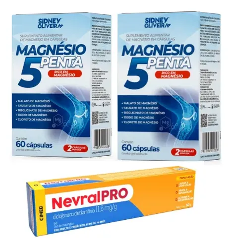 Kit Magnésio 5 Penta 120 Cápsulas + Gel Dor Muscular Sidney Sem
